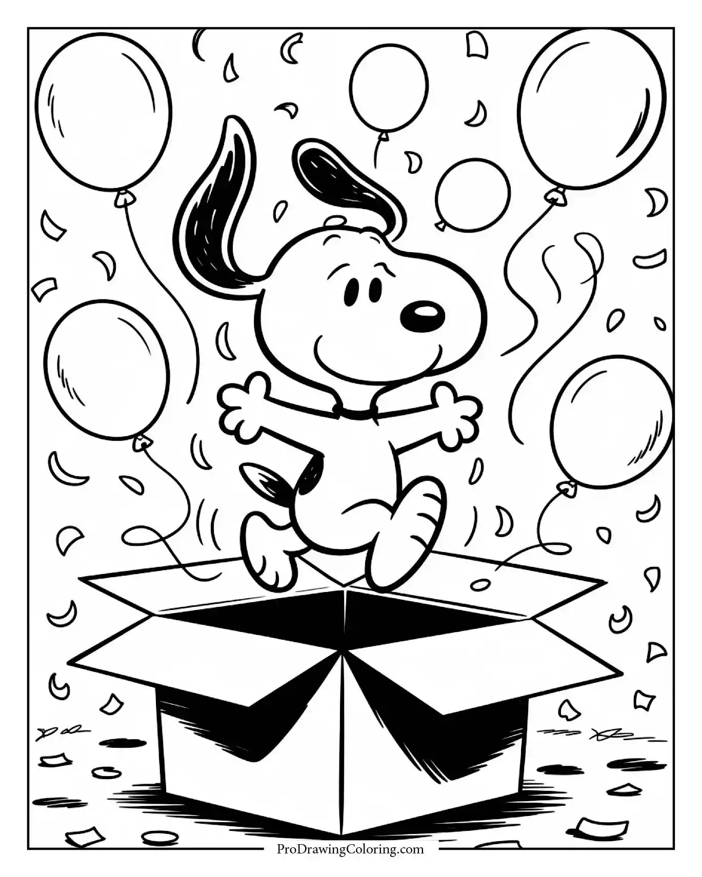 A cheerful birthday scene for coloring, featuring snoopy happy birthday coloring pages coming out of a gift box with balloons and confetti.