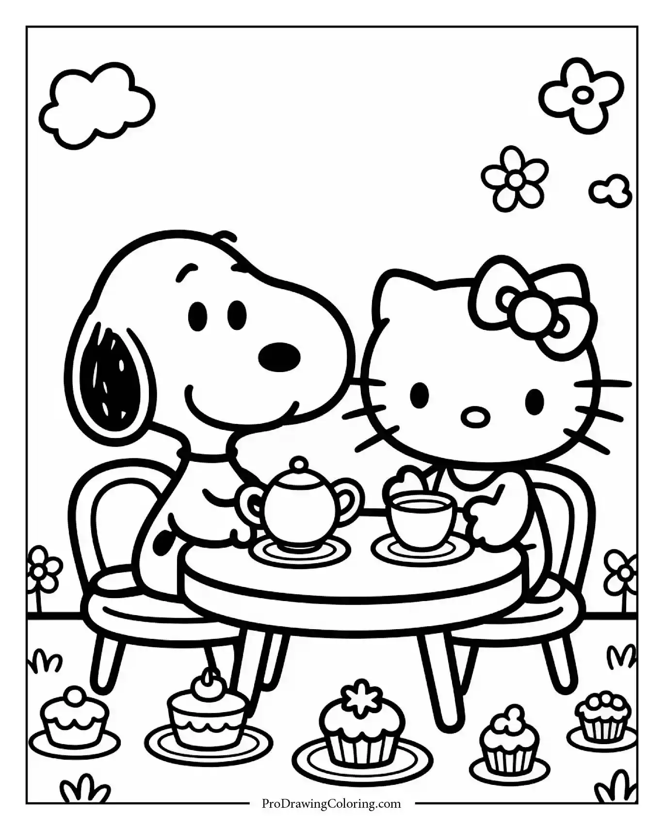 Simple snoopy and hello kitty cute illustration showing both characters sitting at a tea party with a teapot, cups, and a plate of donuts.