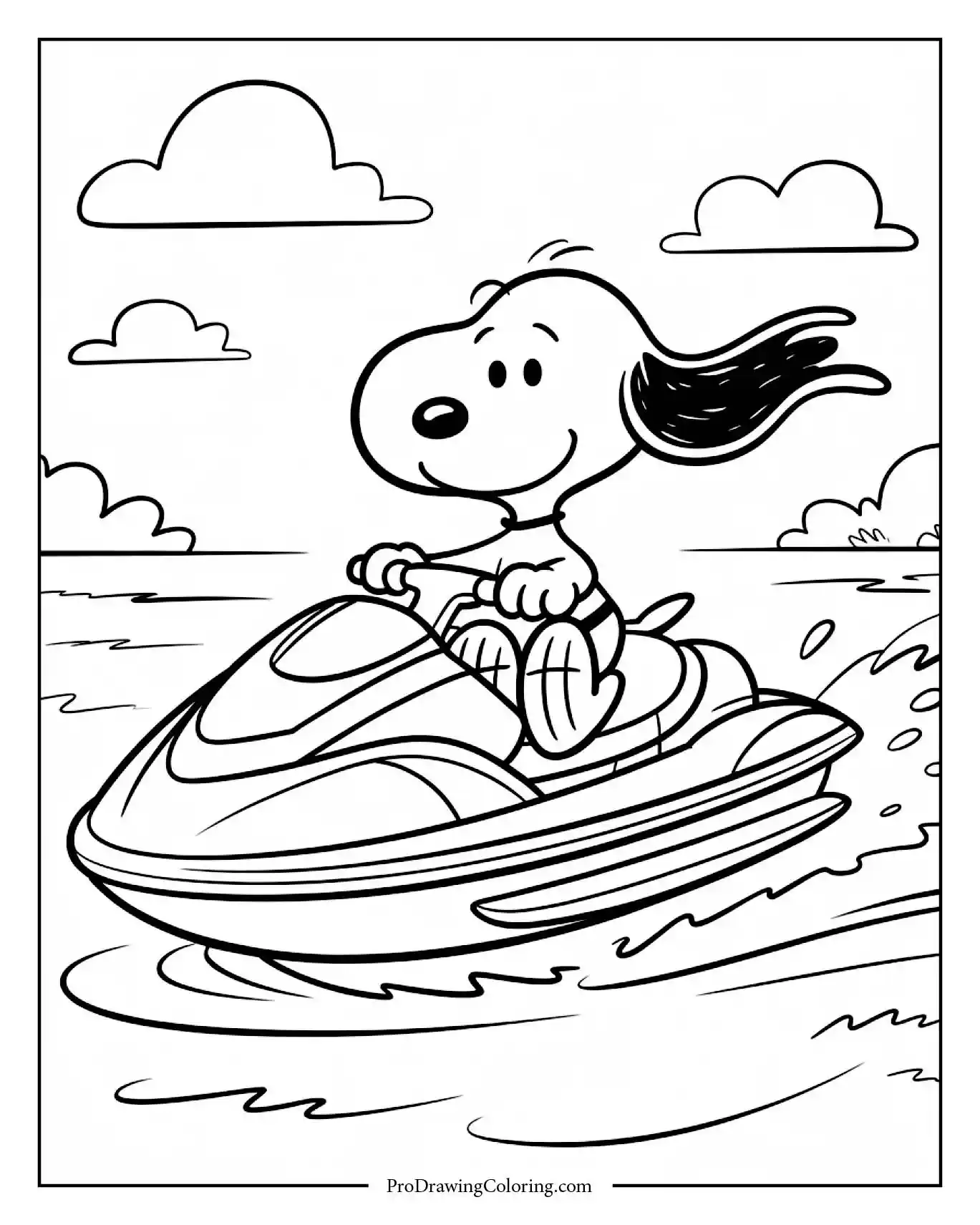 A fun coloring page showing snoopy jetski riding fast over ocean waves, splashing water everywhere while wearing a life jacket and cool sunglasses.