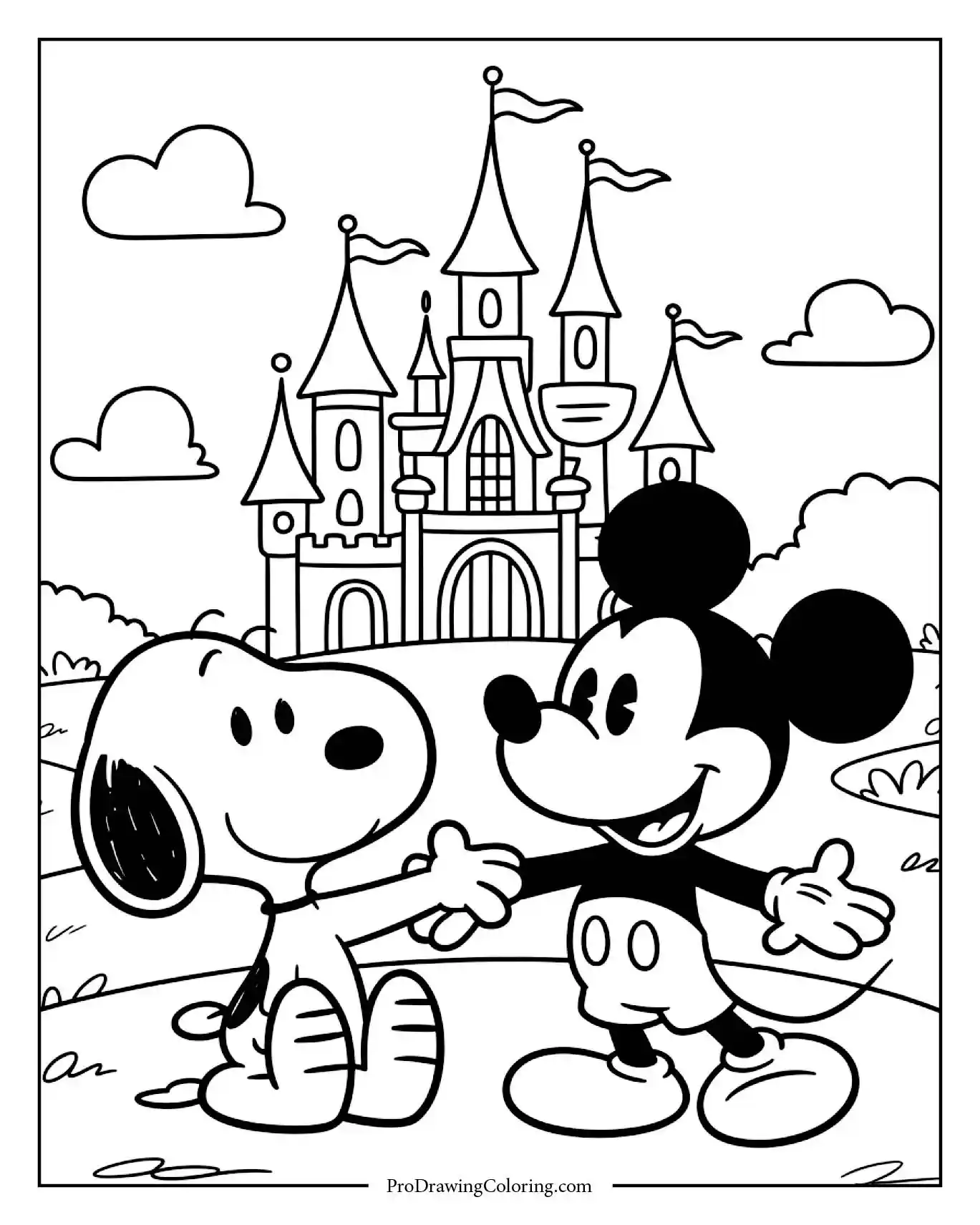 A printable coloring sheet depicting snoopy and mickey mouse holding hands in front of a magical castle with stars and fireworks in the sky.