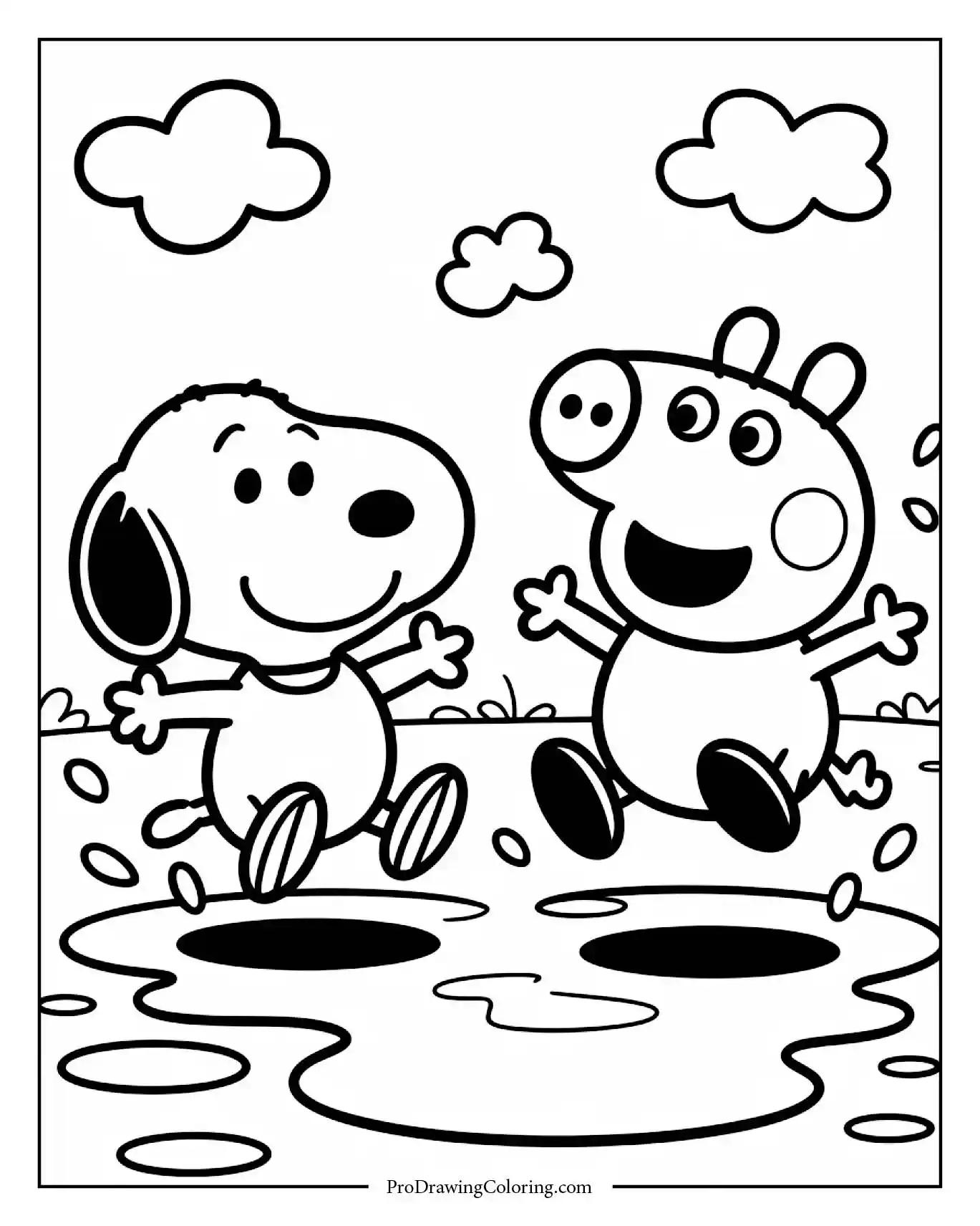 A fun coloring page showing snoopy and peppa pig wearing yellow rain boots and jumping into big muddy puddles under a smiling sun and clouds.