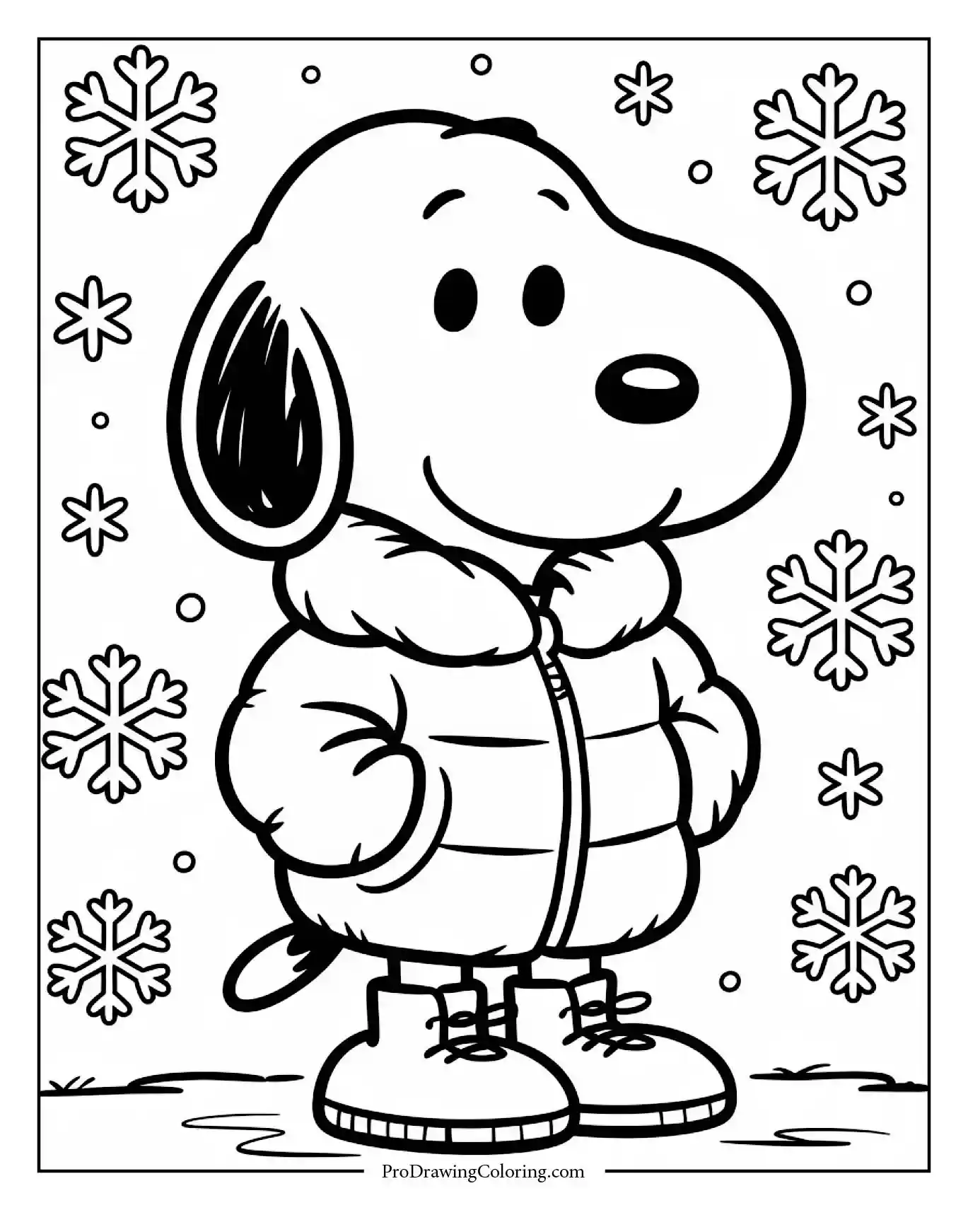 A fun coloring page showing snoopy puffer jacket coloring page wearing a trendy oversized puffer jacket and walking through a snowy mountain landscape.