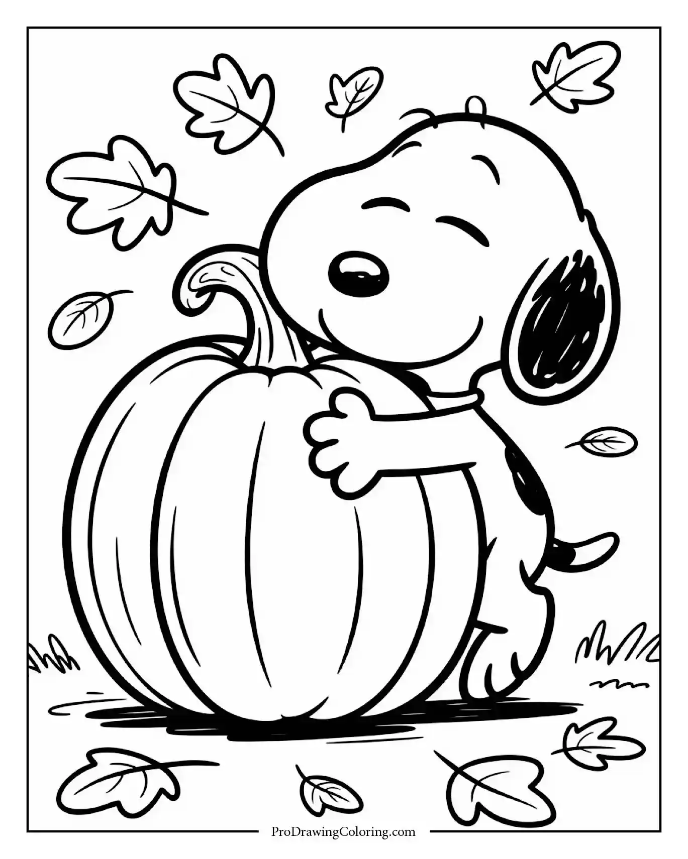 Simple snoopy pumpkin coloring page coloring sheet showing Snoopy hugging a large pumpkin with a happy face carved into it for Halloween.