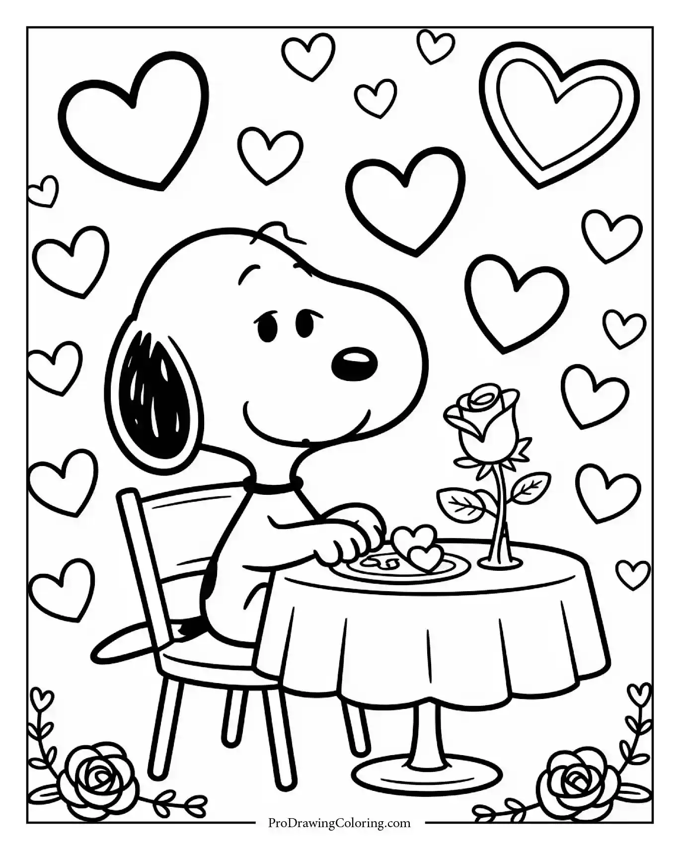 A keyword relaxation themed coloring sheet showing snoopy romantic scene with a candlelit dinner, hearts floating in the air, and a rose in a vase.