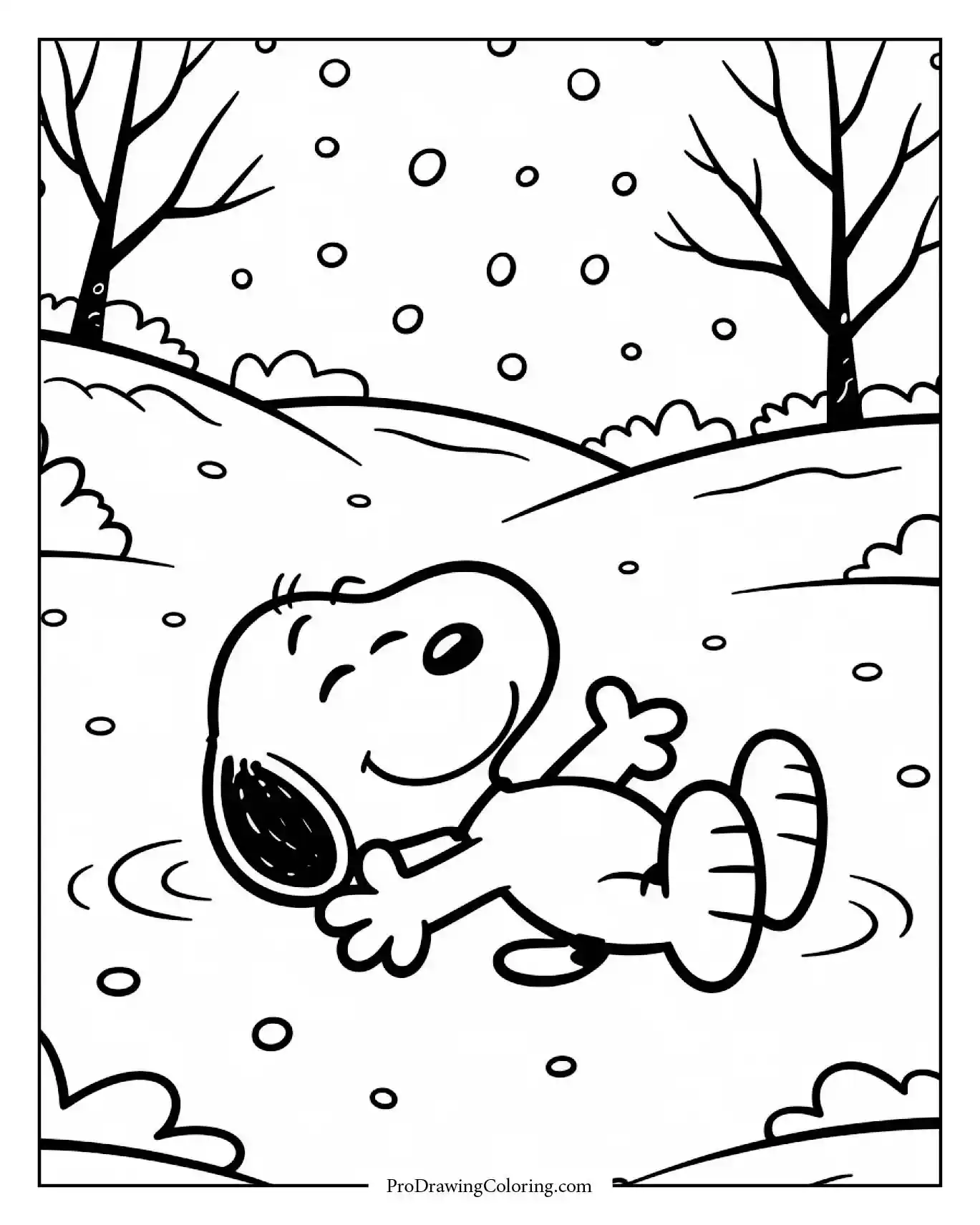A printable coloring sheet depicting snoopy in snow making a snow angel on the ground while wearing a thick scarf and a woolly hat.