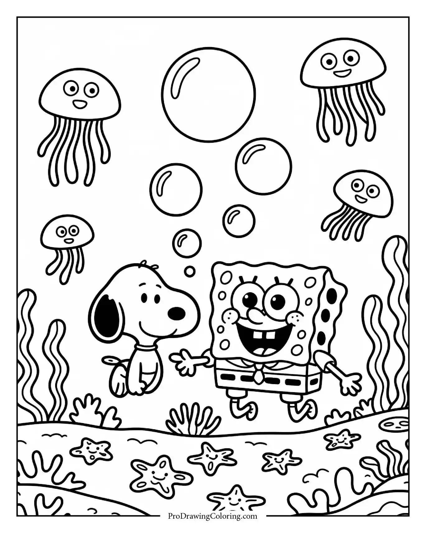 A printable coloring sheet depicting snoopy and spongebob squarepants together in Bikini Bottom, surrounded by bubbles, jellyfish, and coral reefs under the sea.