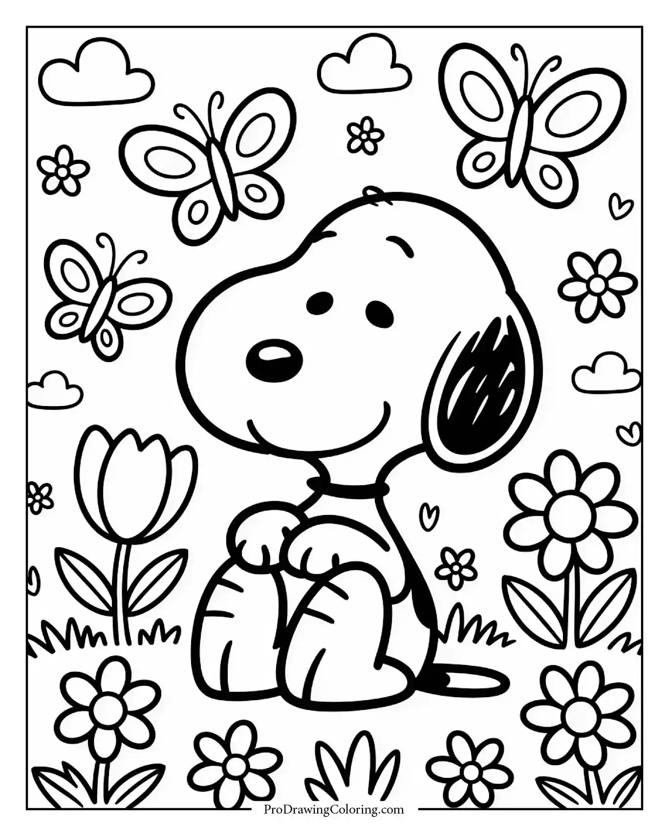 A black and white snoopy spring garden coloring page featuring a background with tulips, daisies, and many butterflies flying around Snoopy's happy head.