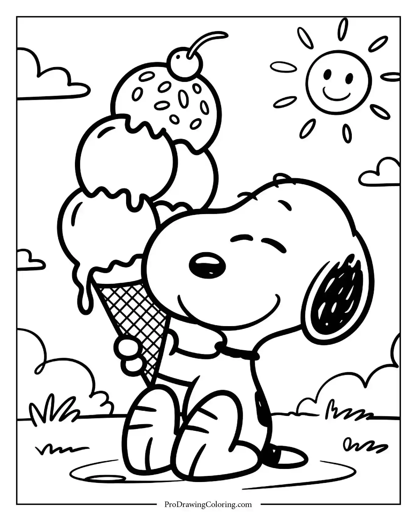Coloring page of snoopy summer fun showing the beagle enjoying a giant melting ice cream cone with three scoops and a cherry on top.