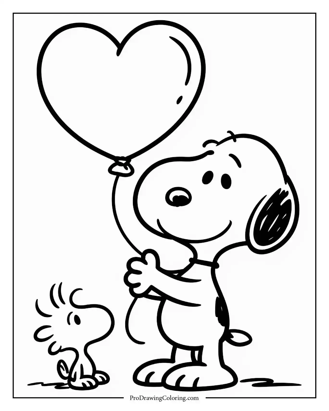 A keyword coloring page showing snoopy valentines day coloring pages holding a giant heart-shaped balloon with "Love" written on it, ready for bright red colors.