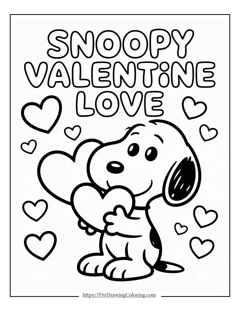 Snoopy Valentine’s Day coloring pages holding a heart, printable coloring page for valentine’s day