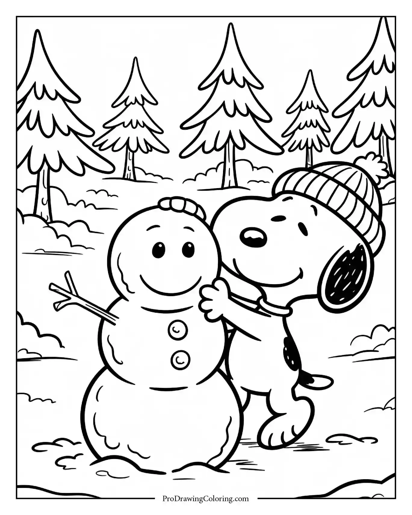 A black and white snoopy winter coloring page featuring a background with a snowman that looks exactly like Charlie Brown, made of snow.