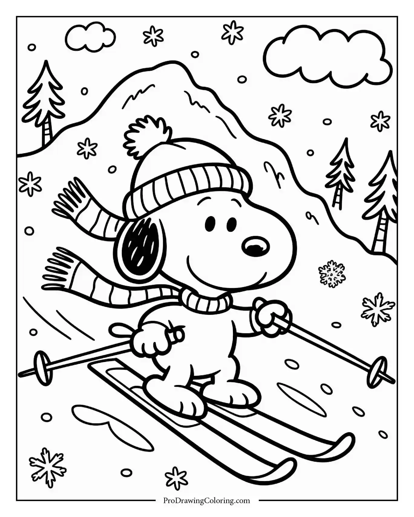 A printable coloring sheet depicting snoopy winter sports where he is skiing down a steep mountain slope with goggles and wooden ski poles.