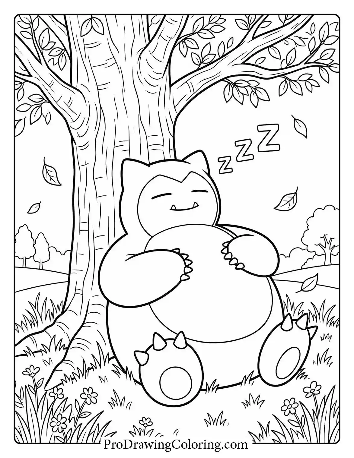 Coloring sheet of an adorable Snorlax fast asleep, resting its large heavy body comfortably against the trunk of a tall tree in a peaceful forest.