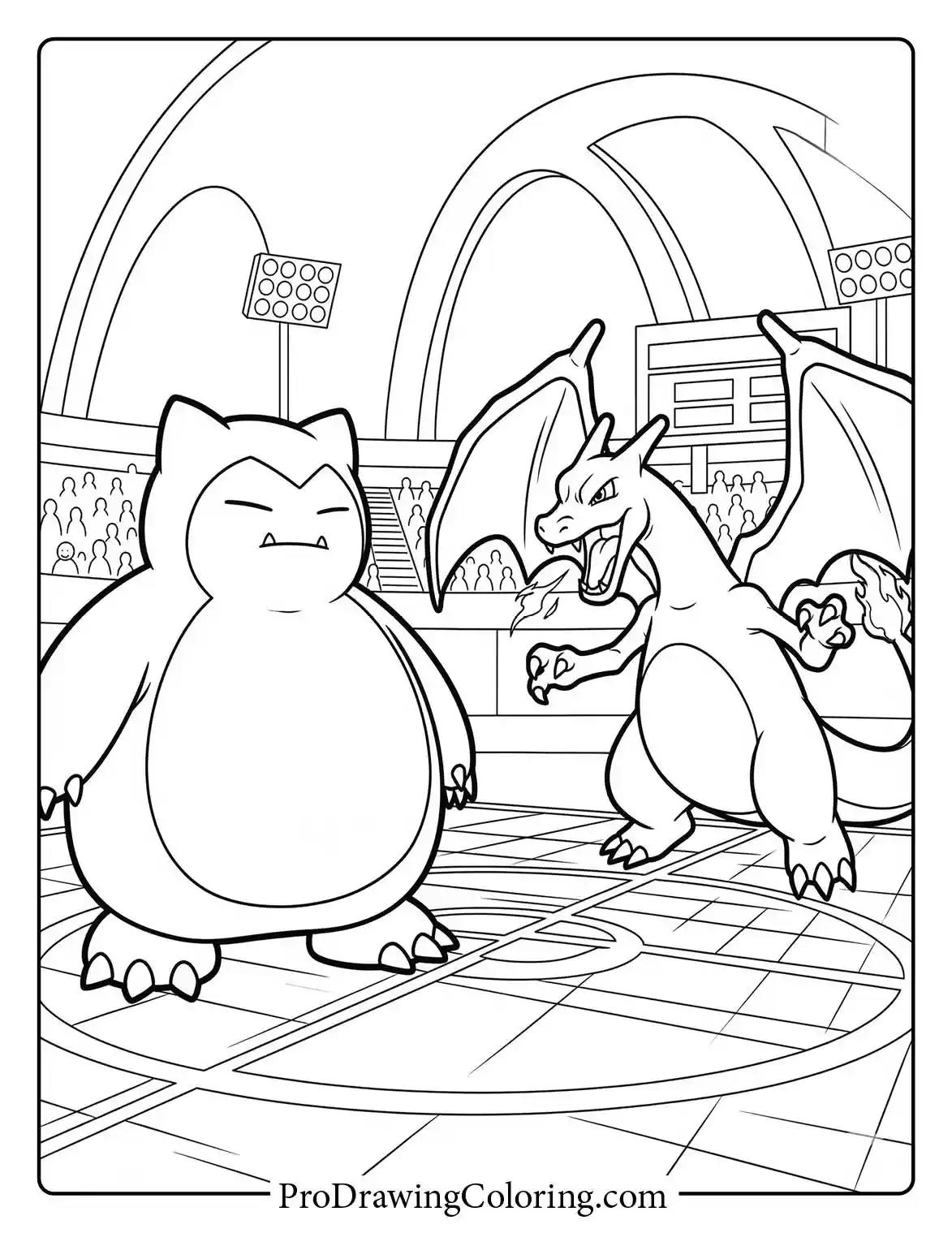 Snorlax and Charizard face off against each other in a fierce battle inside a large, detailed Pokemon stadium arena, an awesome printable coloring sheet.