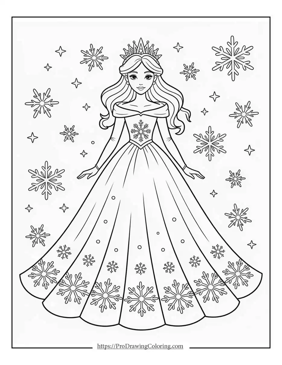 a princess wearing a winter dress surrounded by snowflakes