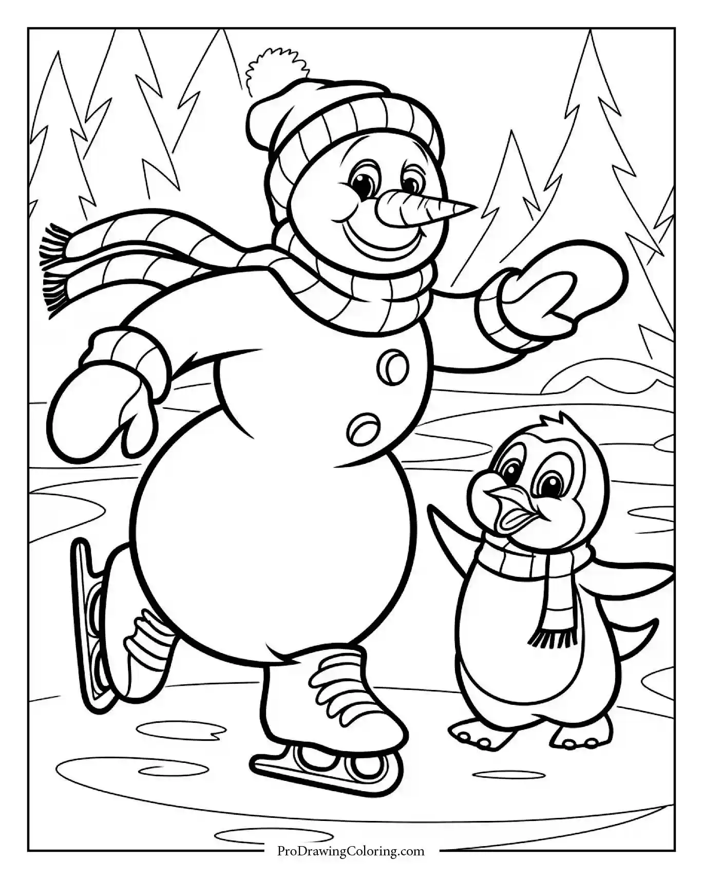 snowman and penguin ice skating coloring page printable Snowman ice skating happily with a penguin friend on a frozen pond