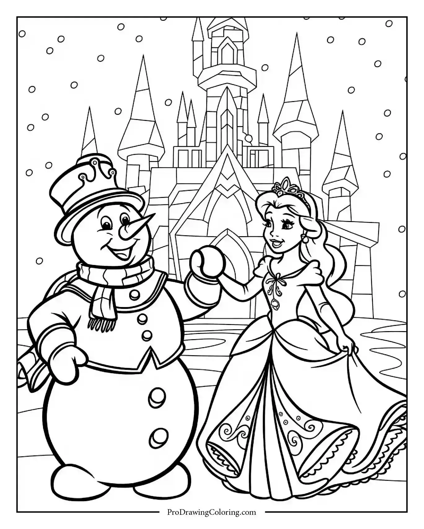 snowman and princess castle coloring page printable Snowman dancing with a princess in front of a fairytale castle, magical snowman coloring sheet printable for kids.