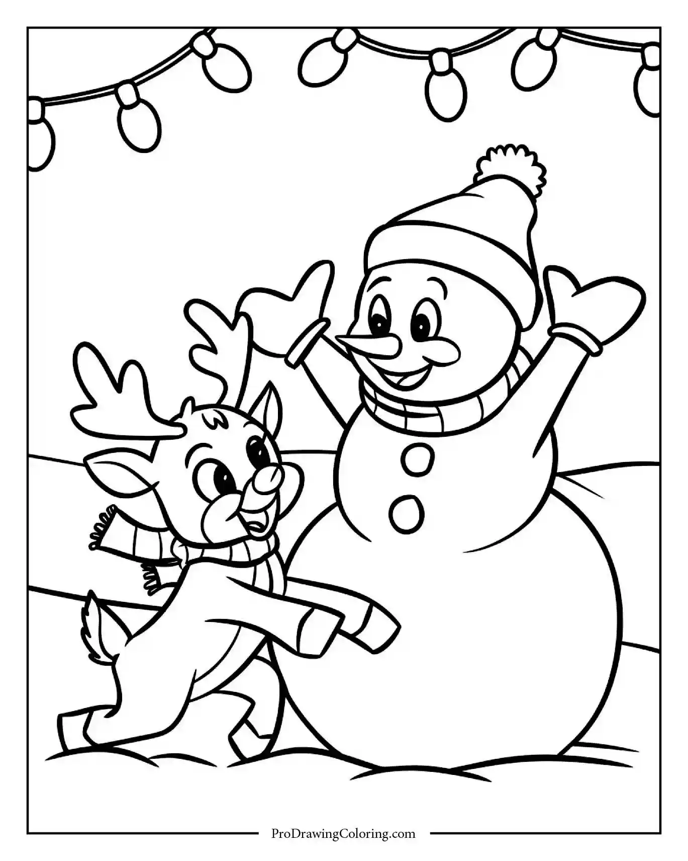 snowman and reindeer christmas coloring page printable Adorable snowman and little reindeer playing joyfully under Christmas lights, festive snowman coloring sheet to print.