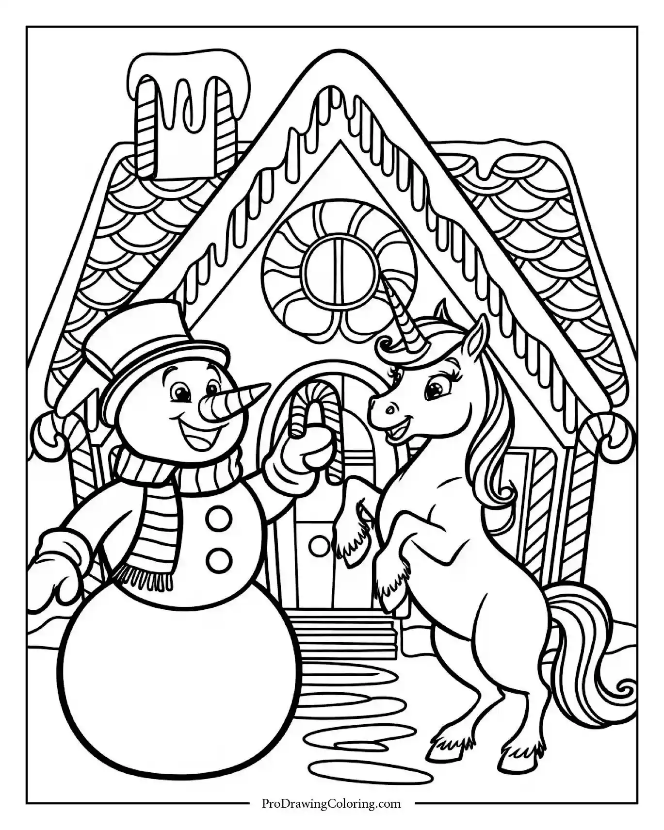 snowman and unicorn gingerbread house coloring page printable Cheerful snowman sharing candy with a unicorn in front of a gingerbread house