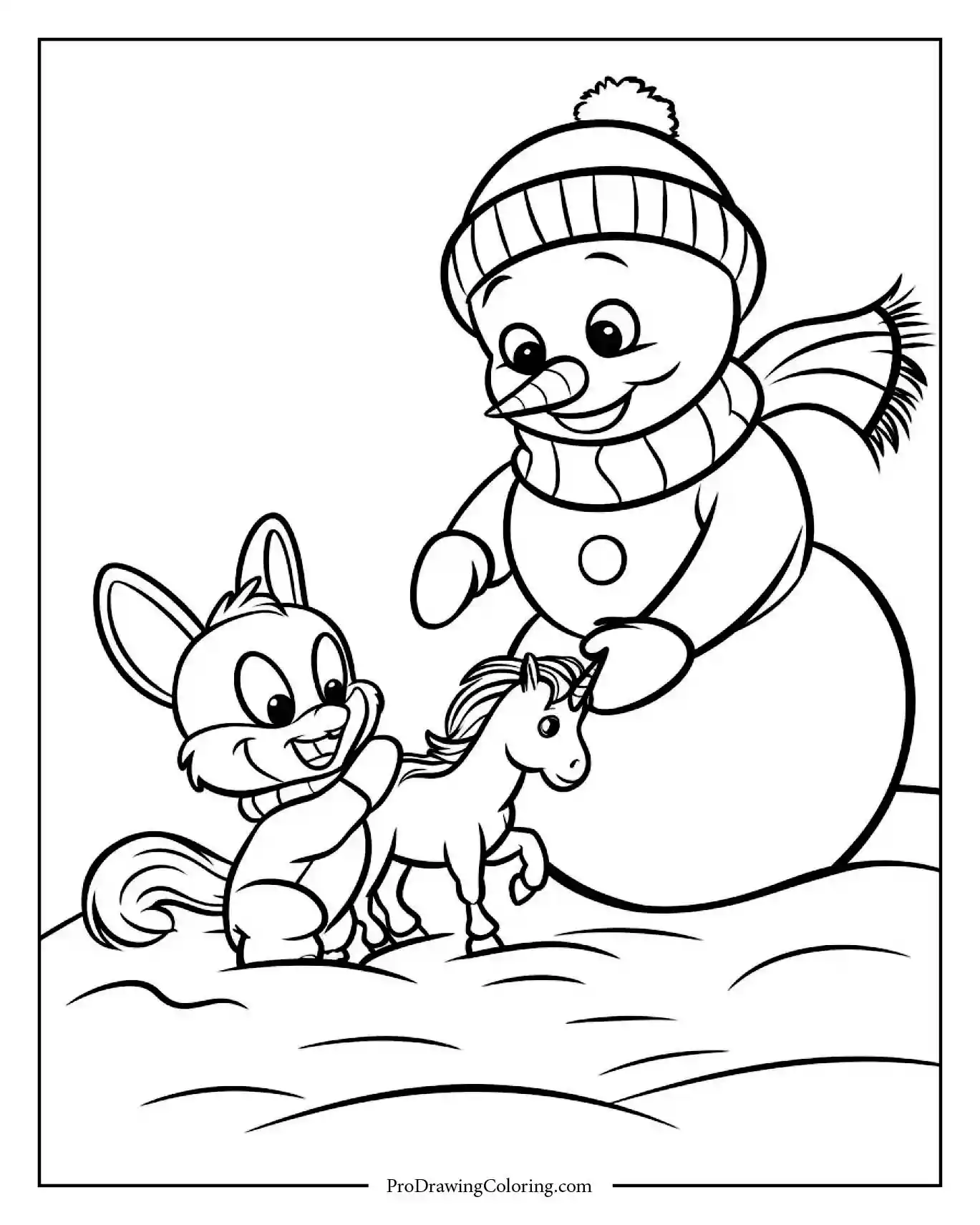 snowman bunny and unicorn coloring page printable Smiling snowman watching a bunny and a unicorn playing together in the snow