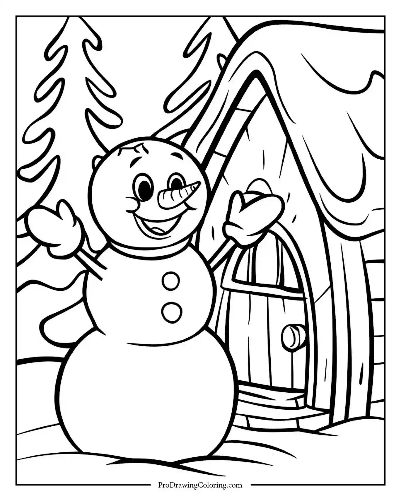 snowman by snowy cabin coloring page printable Smiling snowman standing proudly beside a snowy cabin in the forest, cozy winter snowman coloring sheet printable.