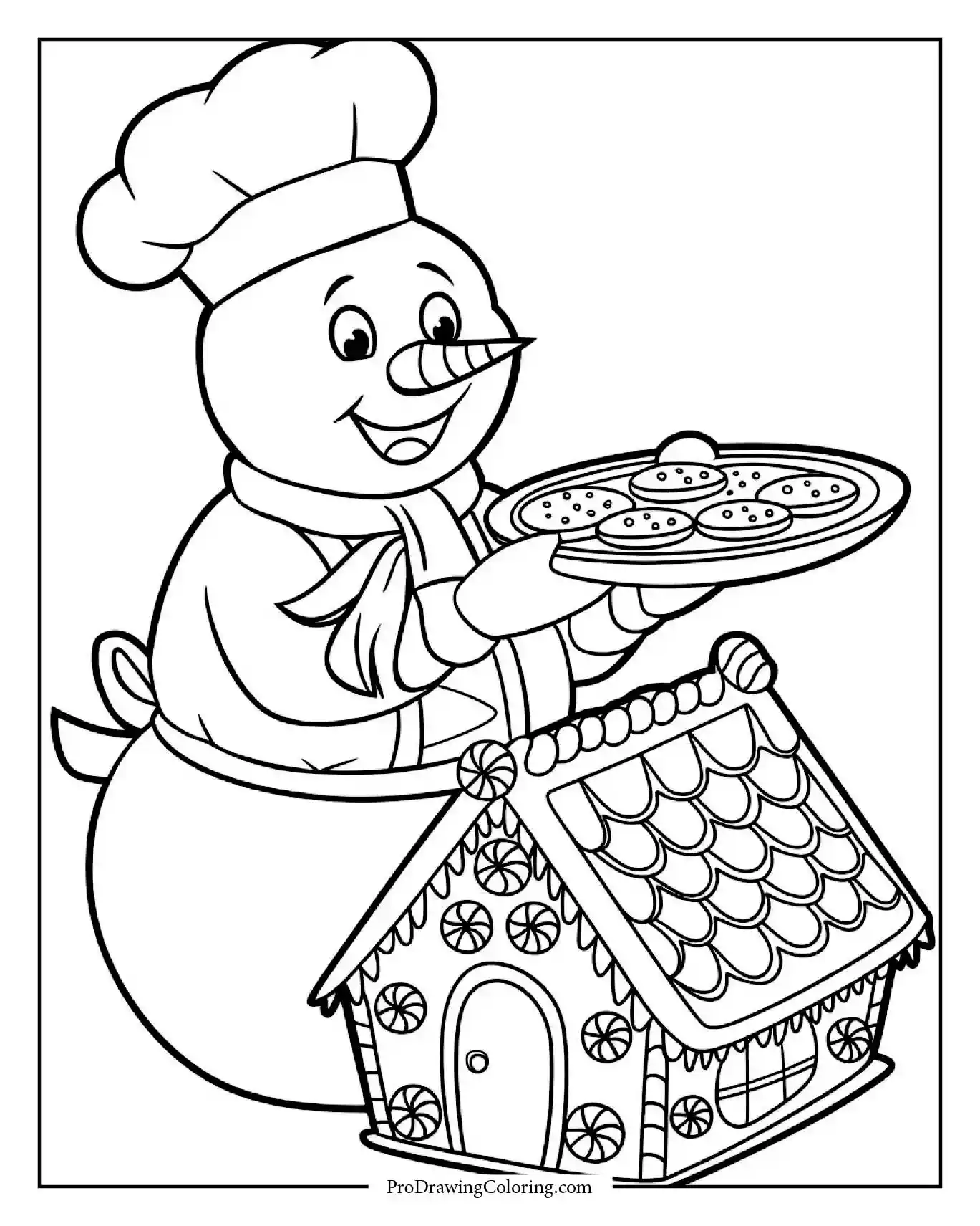 snowman chef with cookies coloring page printable Snowman dressed as a chef holding a plate of cookies next to a gingerbread house