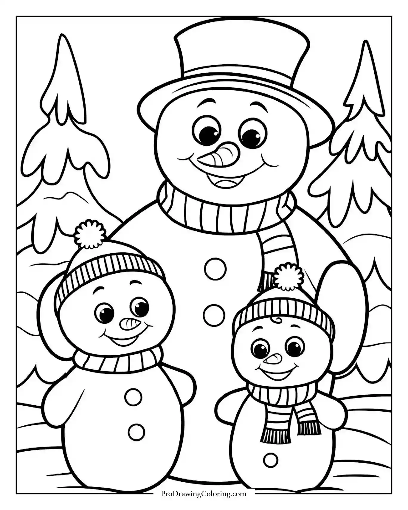 snowman family coloring page printable Snowman family with two cute snow kids smiling together in a snowy forest