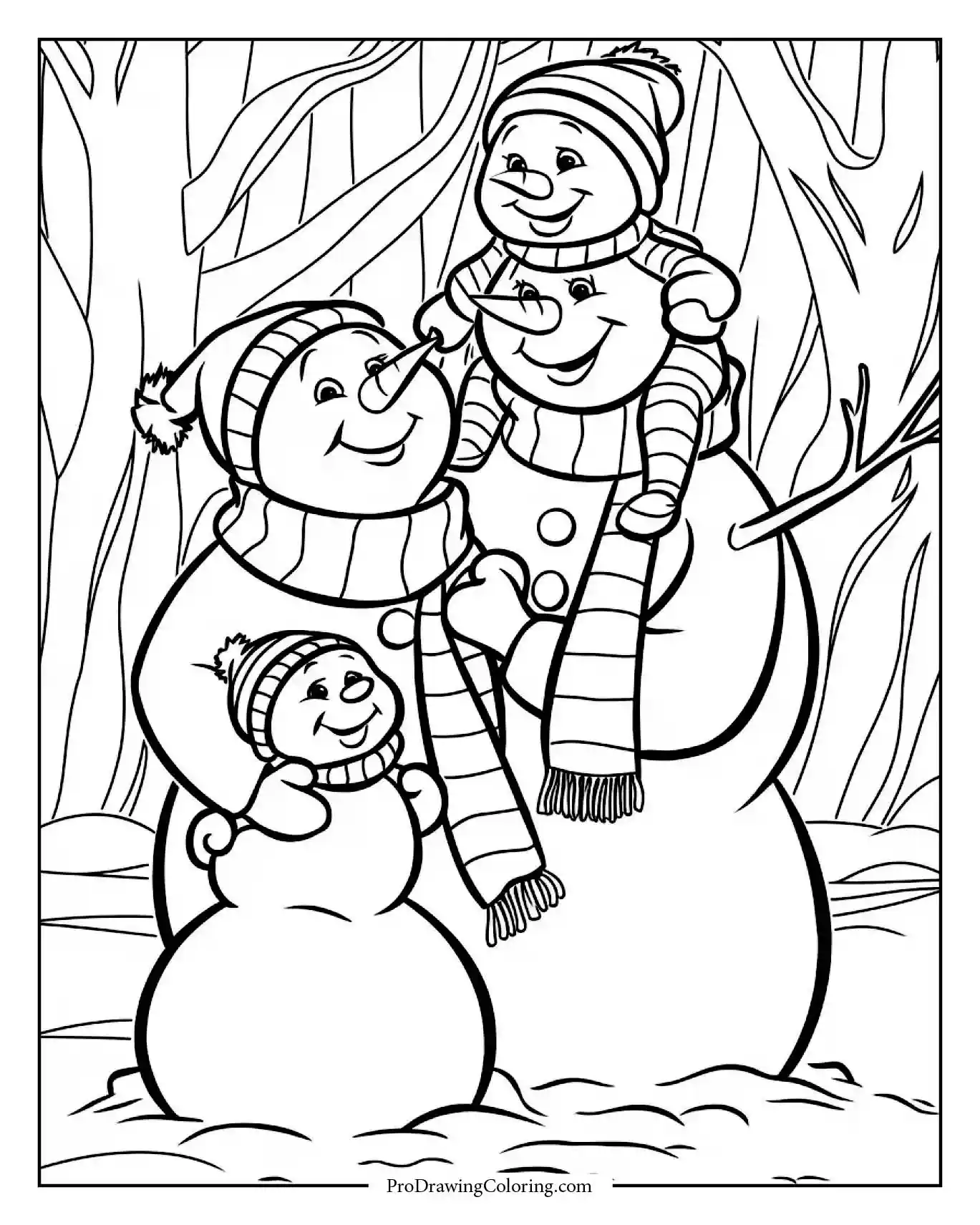 snowman family in forest coloring page printable Snowman family with two children playing together in a snowy forest