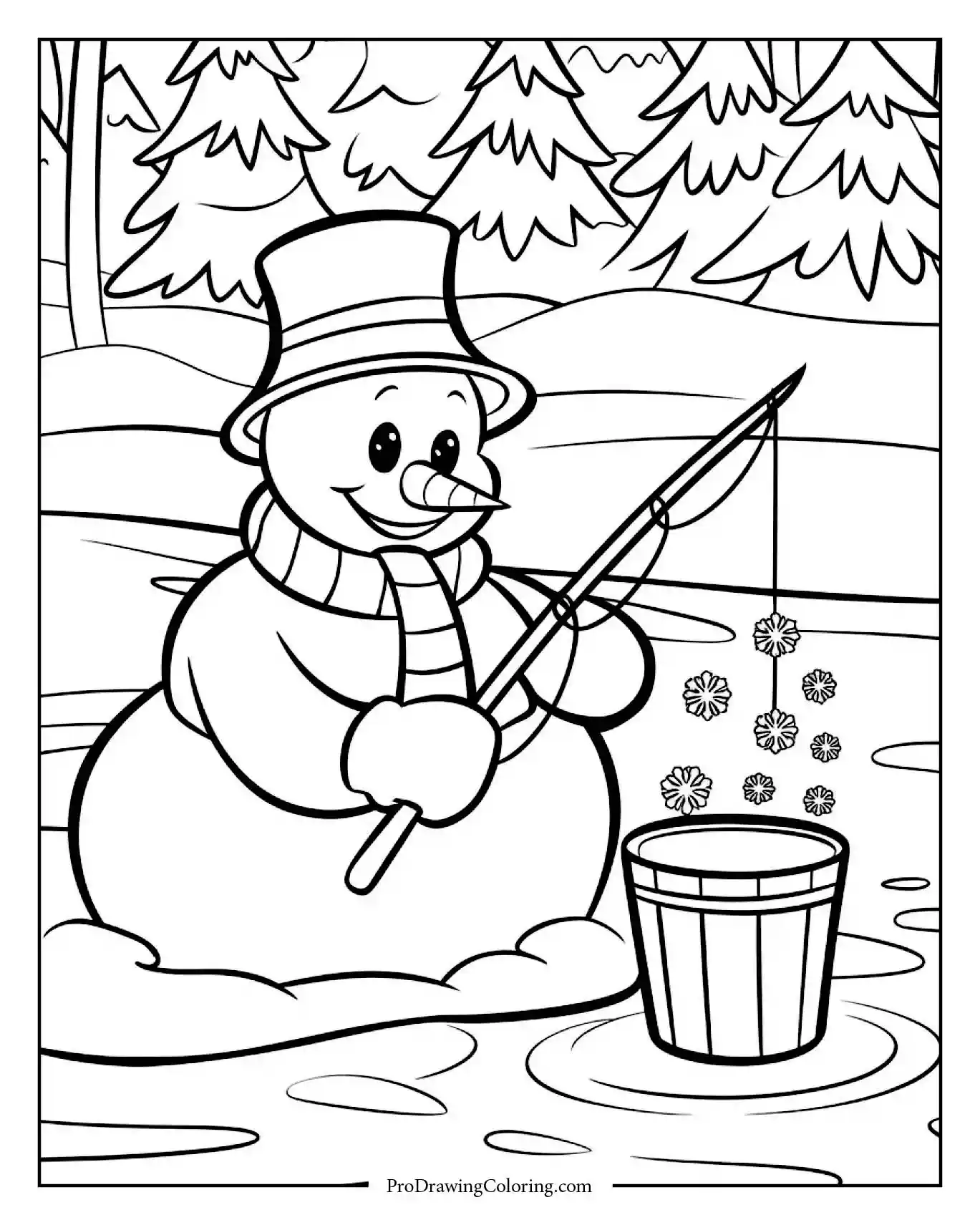 snowman fishing snowflakes coloring page printable Happy snowman fishing for snowflakes on a frozen lake surrounded by pine trees, fun winter coloring page printable.