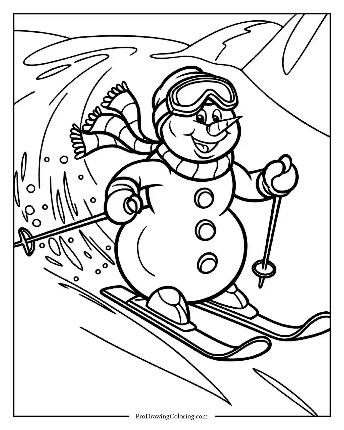 snowman skiing downhill coloring page printable Funny snowman skiing fast down a snowy mountain