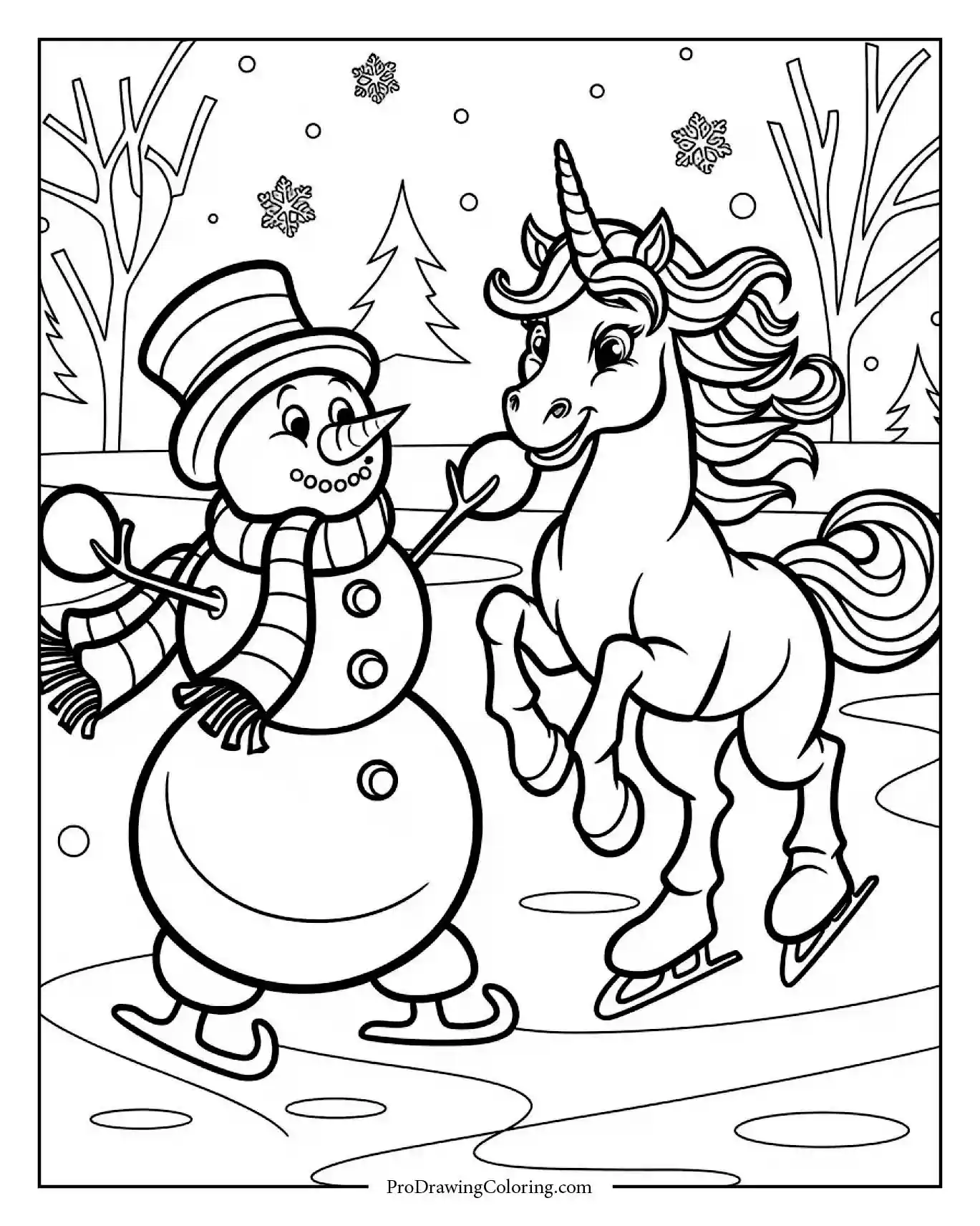 snowman unicorn ice skating coloring page printable Cute snowman and unicorn ice skating together in a winter forest scene, fun and magical printable coloring sheet for kids.