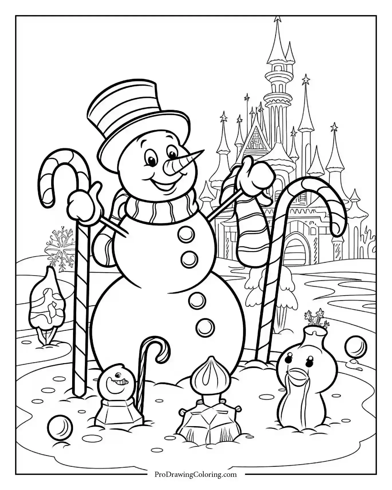 snowman with candy canes coloring page printable Cheerful snowman holding candy canes in a fantasy Christmas castle background, delightful snowman coloring page to print.