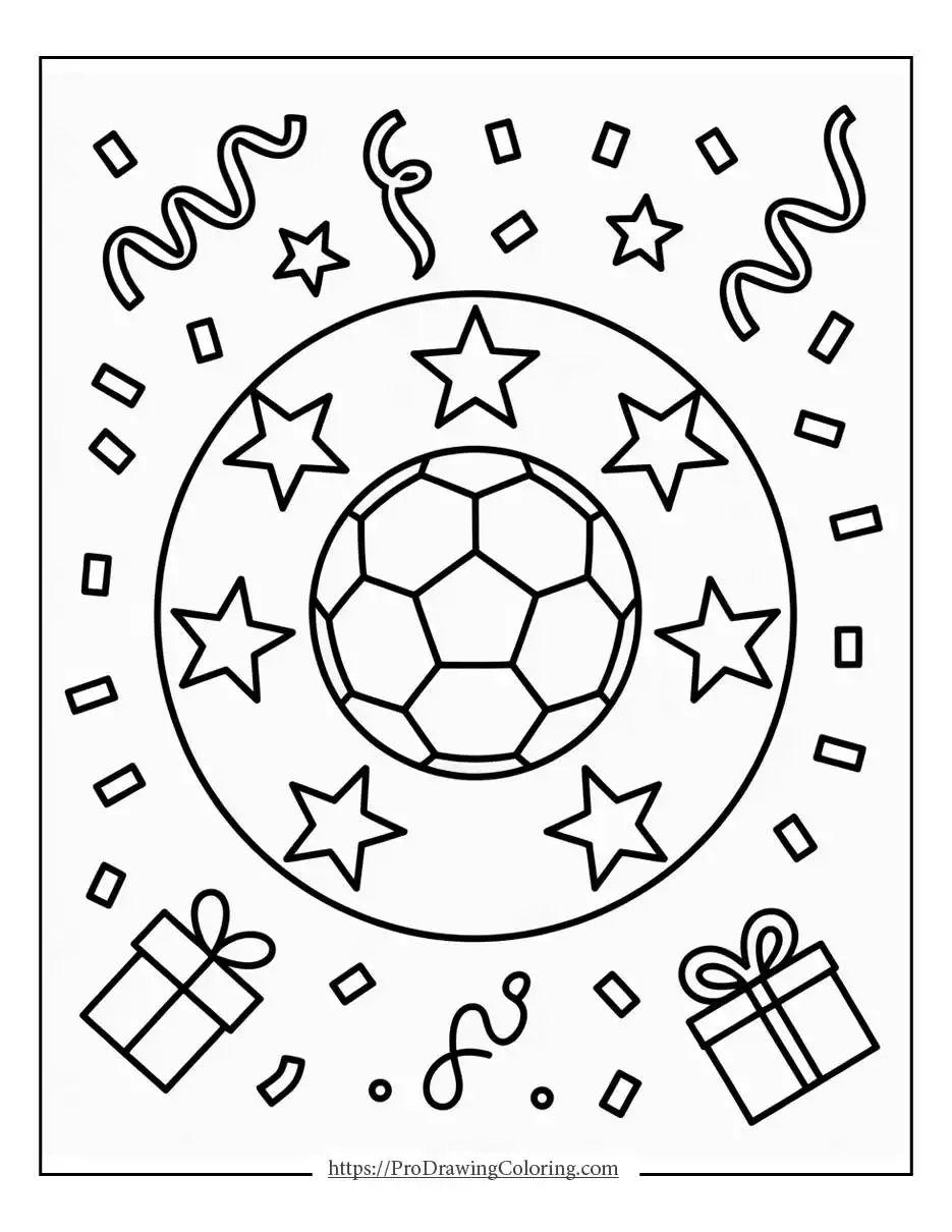 Central soccer ball surrounded by stars, confetti, and gift shapes in a festive scene