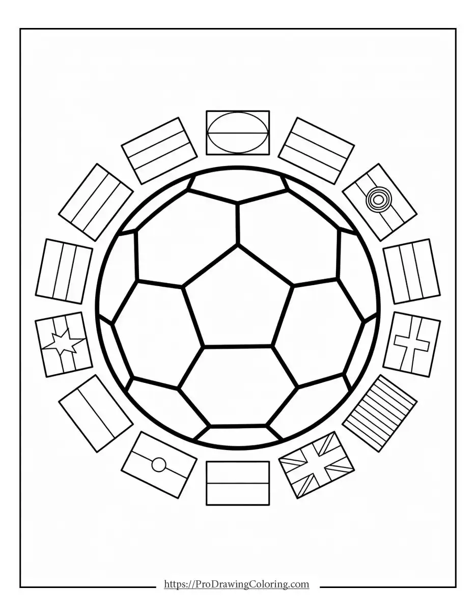 Printable soccer sheet showing a classic soccer ball surrounded by international flags