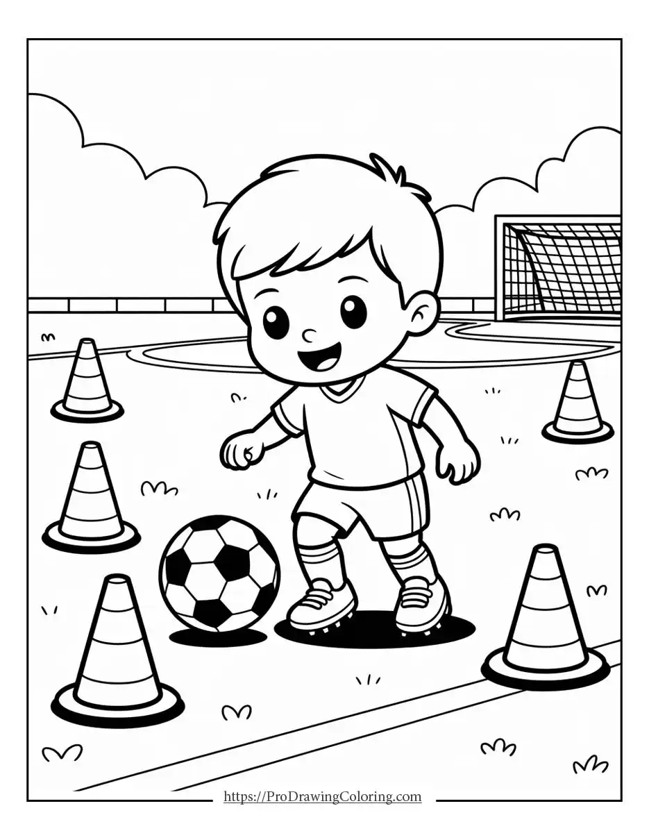 Soccer coloring pages free featuring a young child practicing soccer with cones