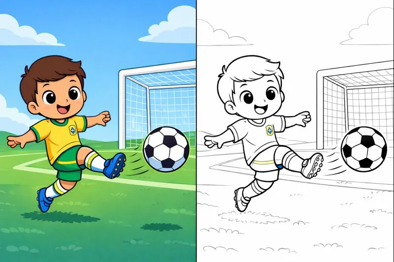 soccer coloring pages showing a young boy kicking a soccer ball toward the goal in a fun cartoon style