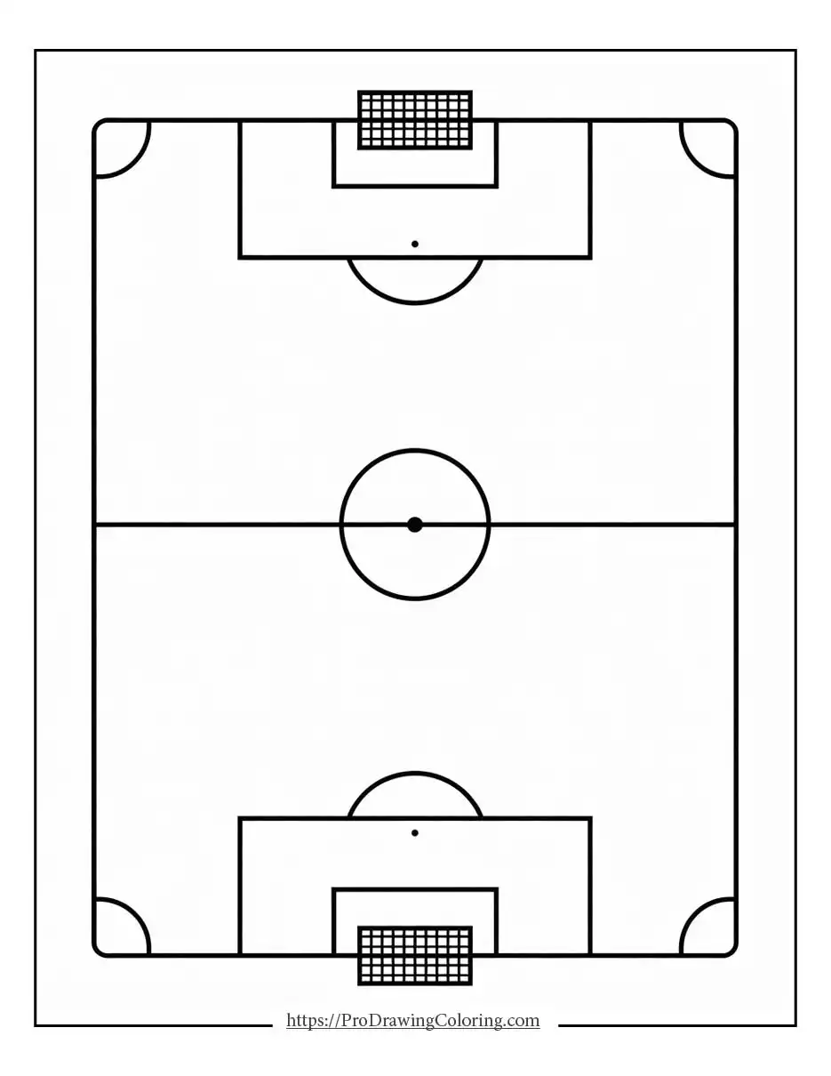 Printable soccer field sheet with full pitch layout viewed from above