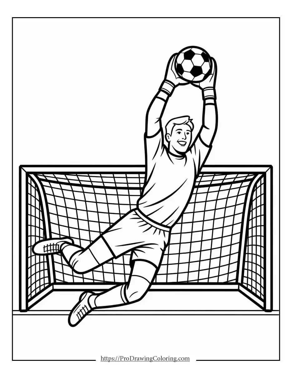 Printable soccer coloring sheet featuring a goalkeeper making a diving save