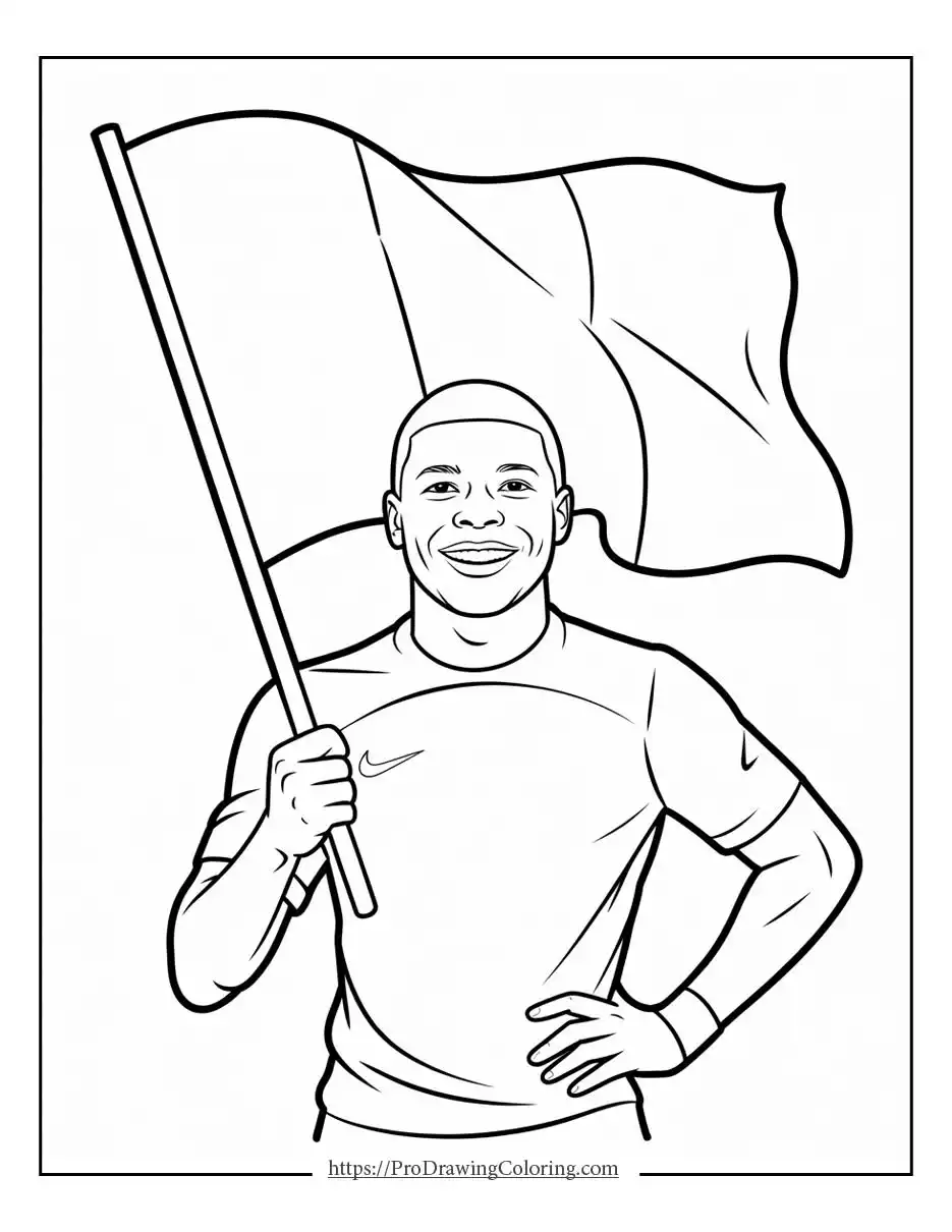 Young soccer player smiling proudly while holding a large national flag