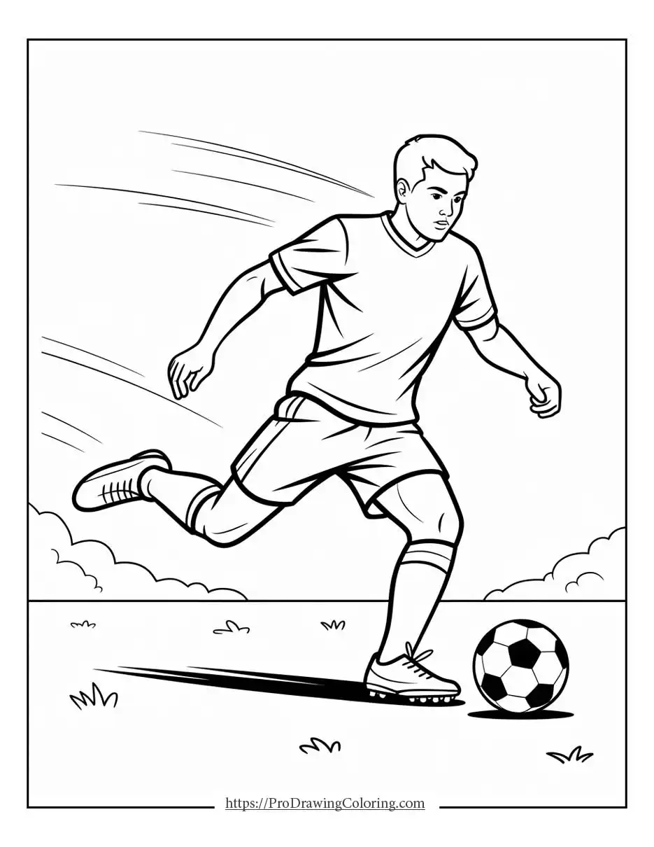 Soccer coloring sheet to print with a player running fast while controlling the ball