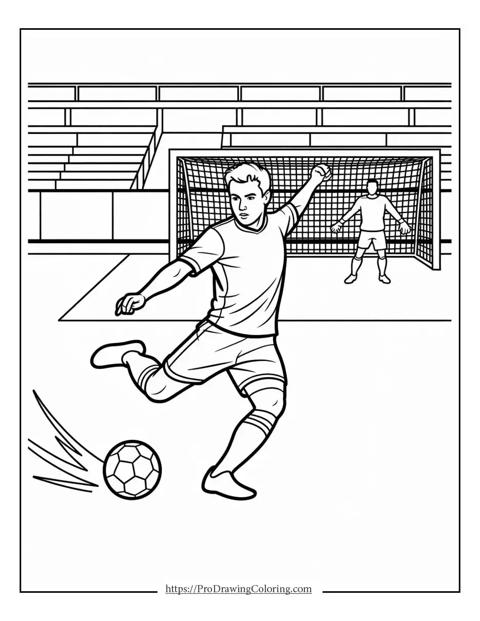 Intense moment of a soccer player scoring a goal inside a large stadium