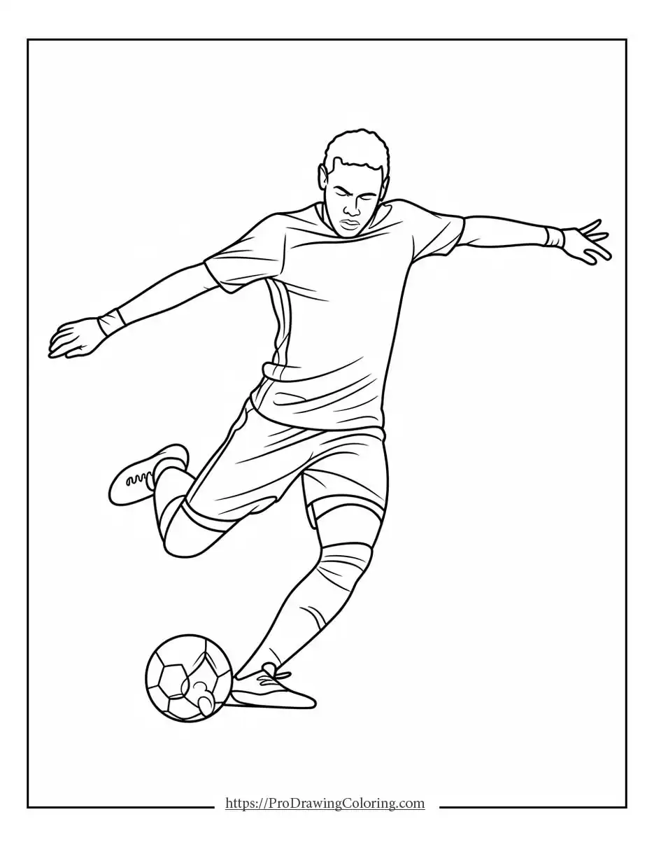 Action scene of a soccer player taking a strong shot toward the goal