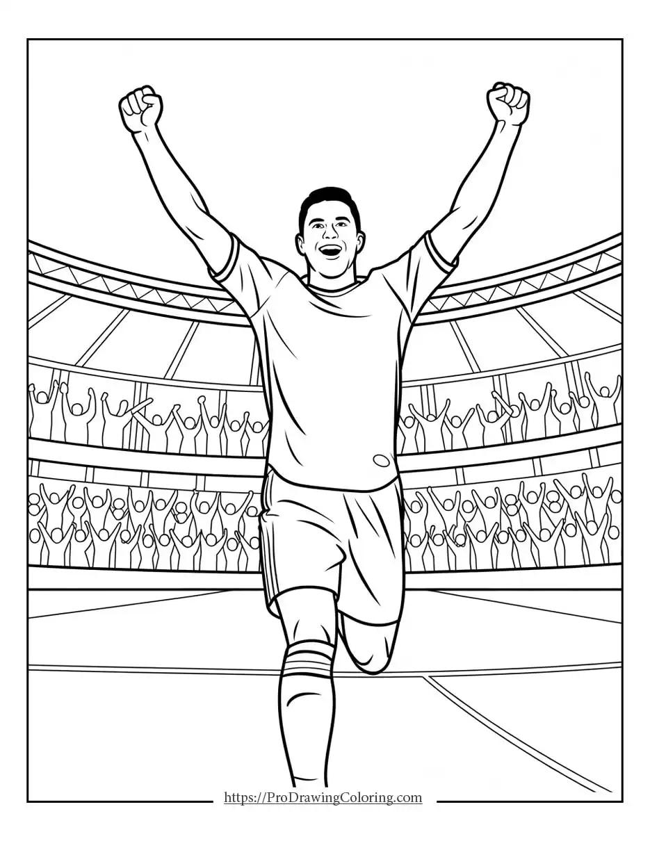 Soccer sheet to print featuring a player celebrating a goal inside a packed stadium