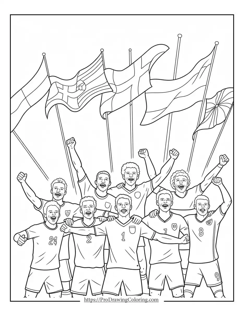 Team celebration soccer coloring page to print with players raising their arms together