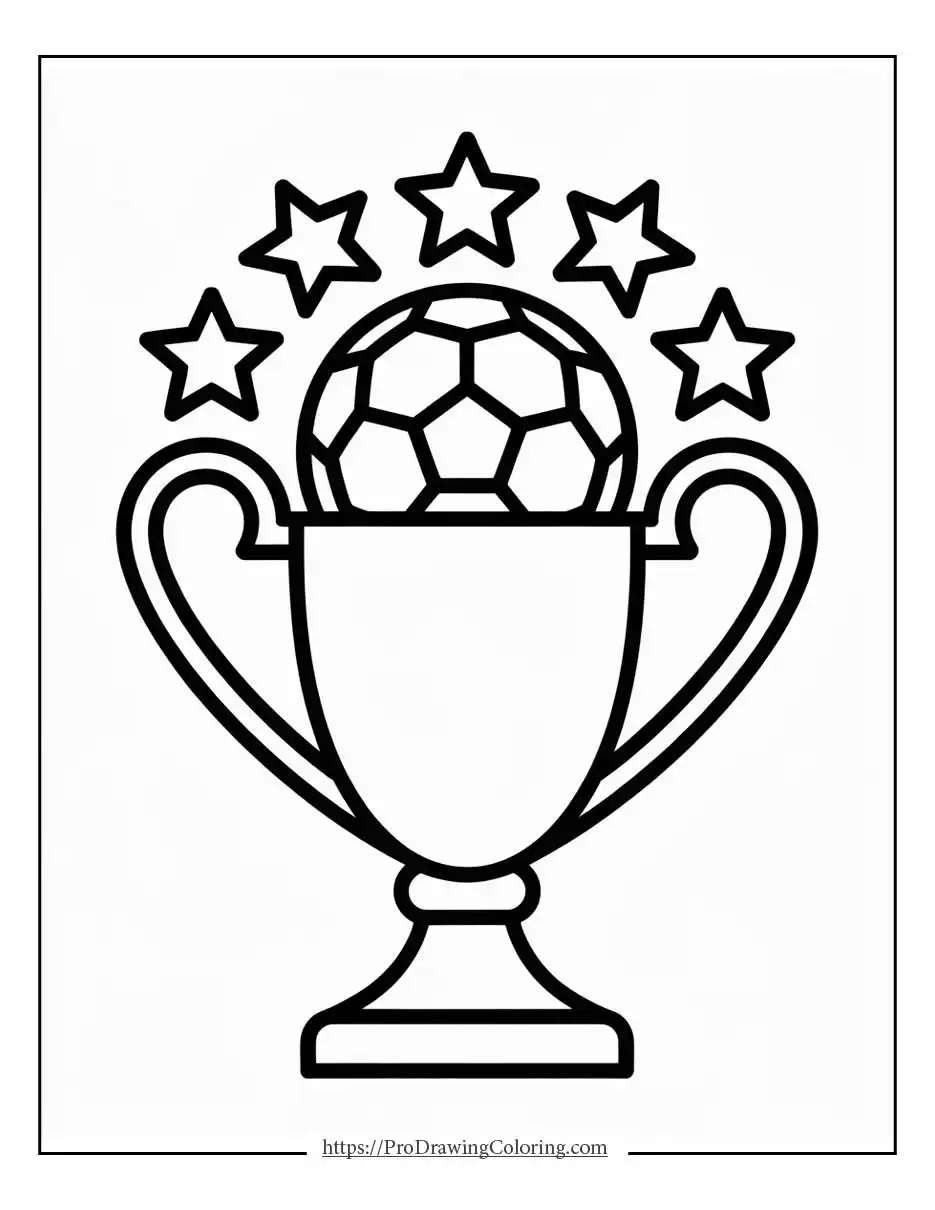 Soccer printable coloring sheet with a championship trophy holding a soccer ball