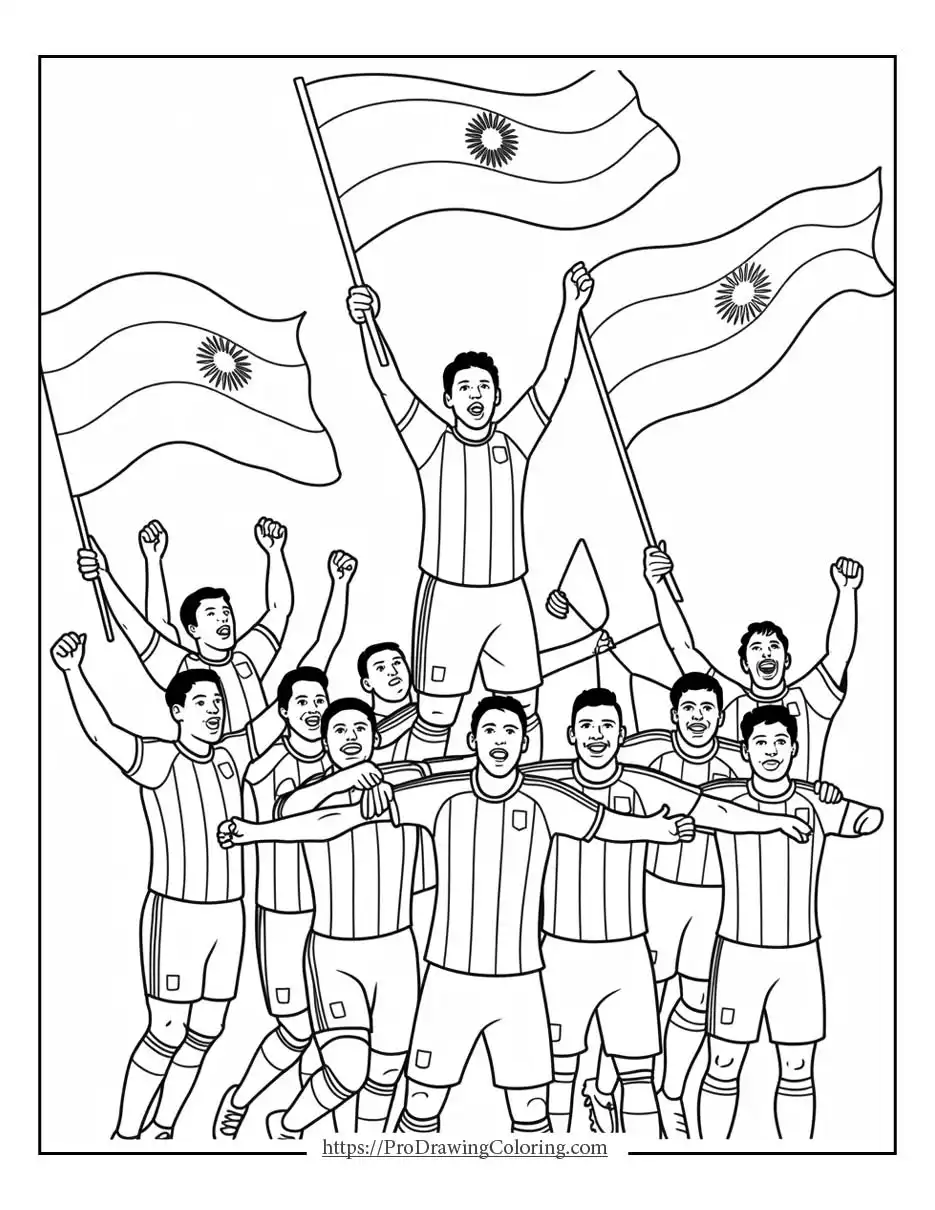 Soccer printable sheet inspired by world cup celebrations with flags and cheering players