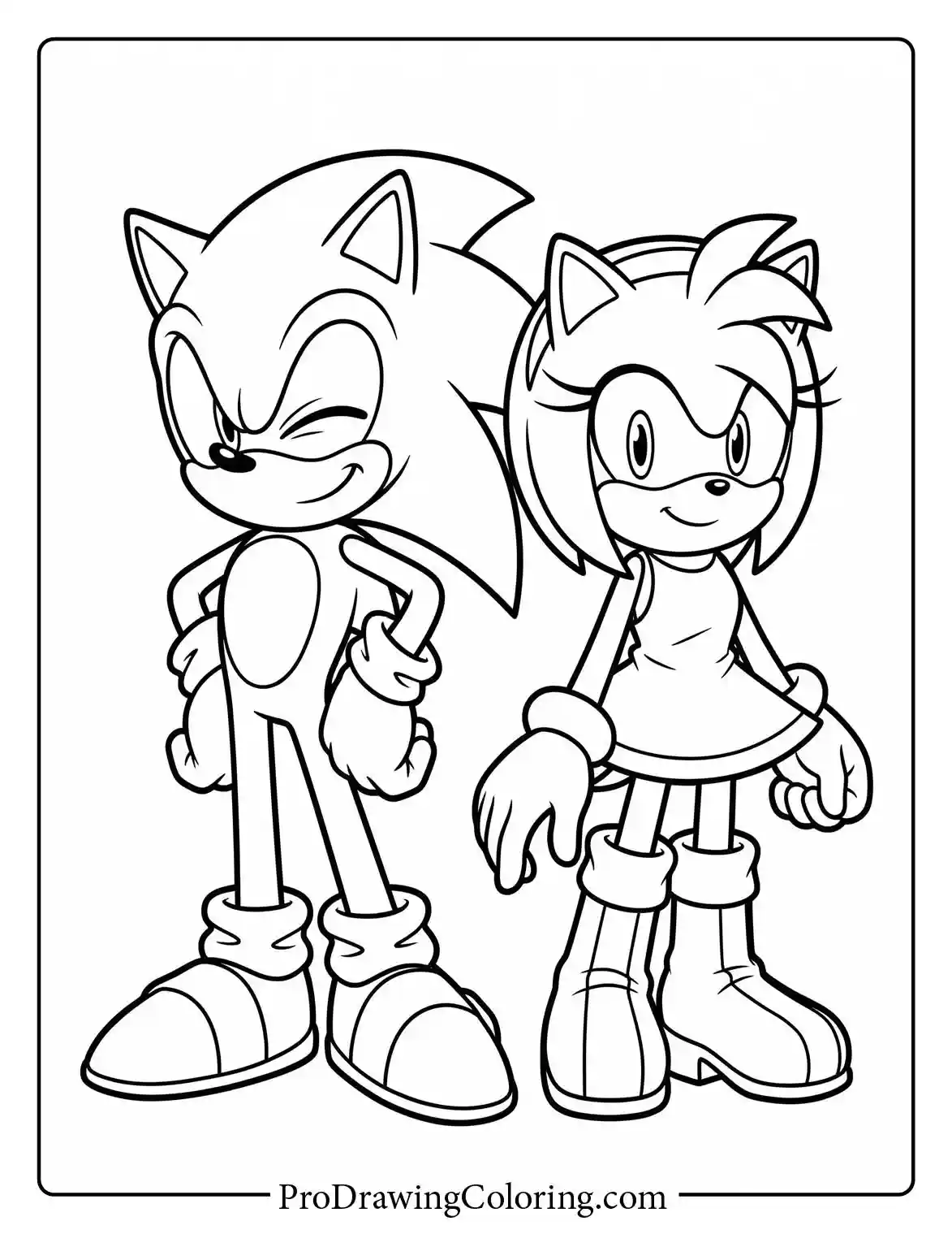 Sonic winking while standing next to a smiling Amy Rose in this cute cartoon colouring page.