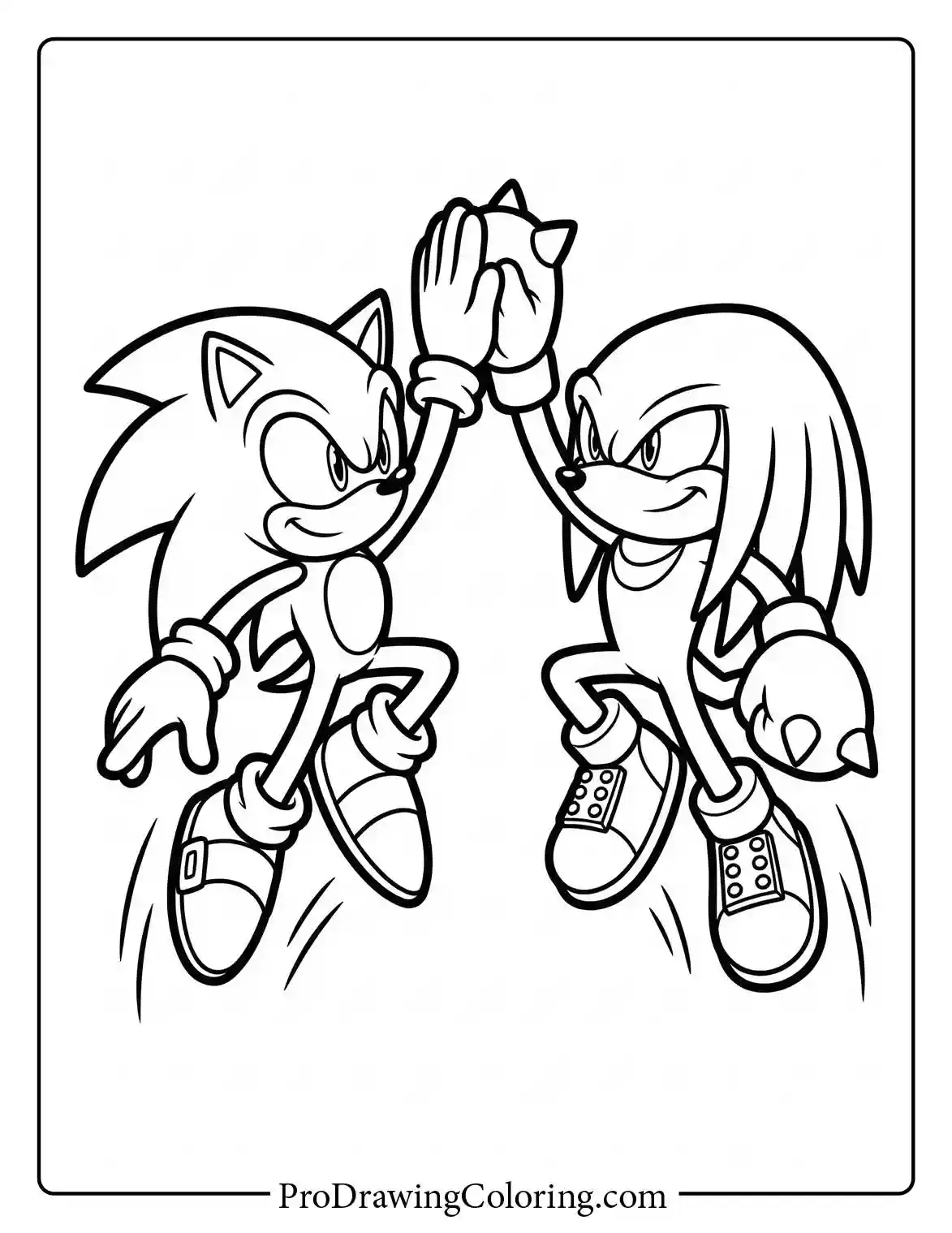 Sonic and Knuckles jumping in the air and giving each other an epic high five in this awesome coloring sheet.
