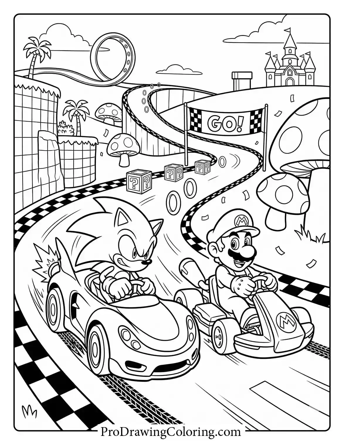 Sonic the Hedgehog and Mario driving racing karts fast on a race track with loops and boxes.
