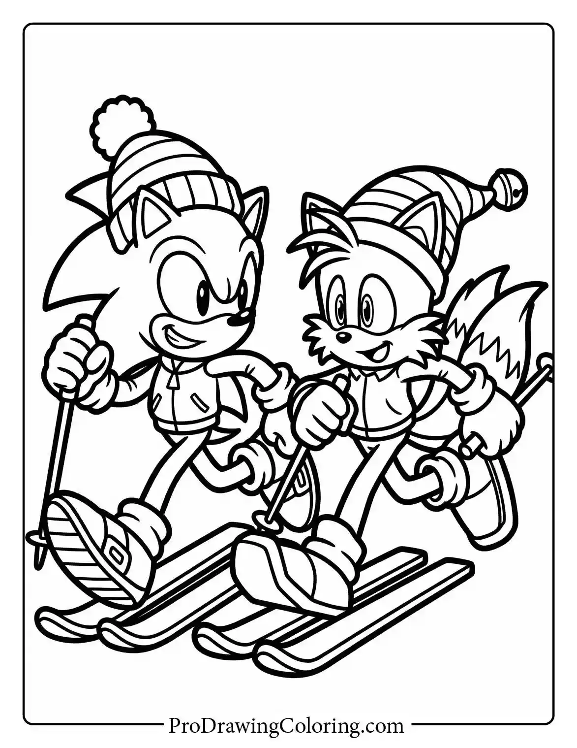 Sonic and Tails wearing winter beanies and jackets while skiing together happily in this winter colouring page.